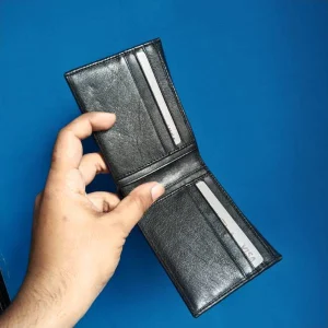 Elegant black pure cow leather bi-fold compect wallet